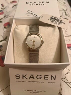 Skagen Silver and Gold-Tone, Silver Mesh Strap Ladies Watch with date